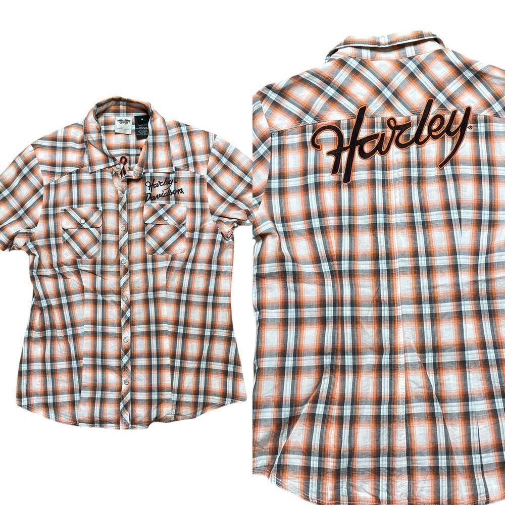 Harley-Davidson Short Sleeve Pearl Snap Button Down Shirt Orange Plaid Medium